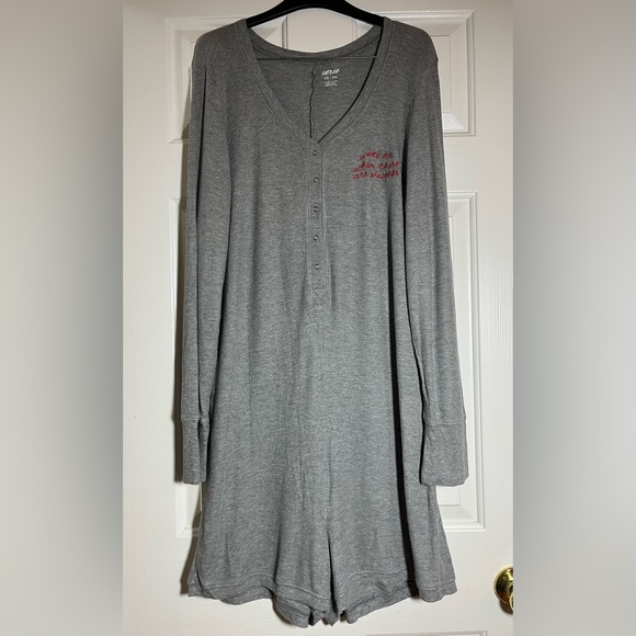 aerie Other - Aerie Gray Pajama Romper with “Wake Me Up When There Are Presents” Embroidery